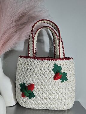 Vintage 90s Strawberry Woven Straw Mini Tote Bag 3D Applique Cottagecore Taiwan